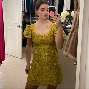 Vintage golden chartreuse print 70s mini dress